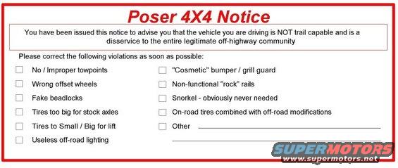 Poser 4X4 Notice document listing off-road violations