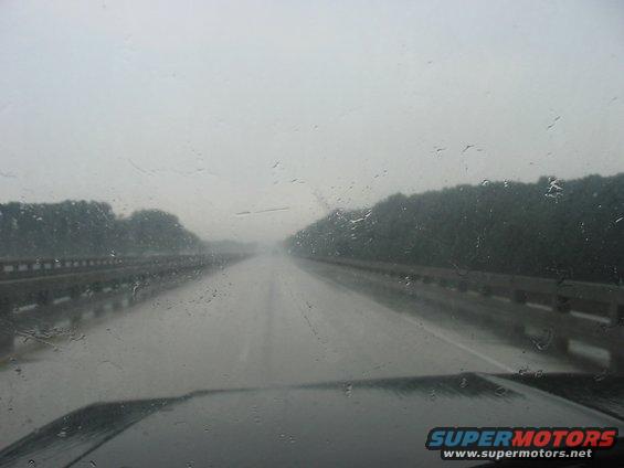 view from inside car driving on wet highway with trees and guardrail visible