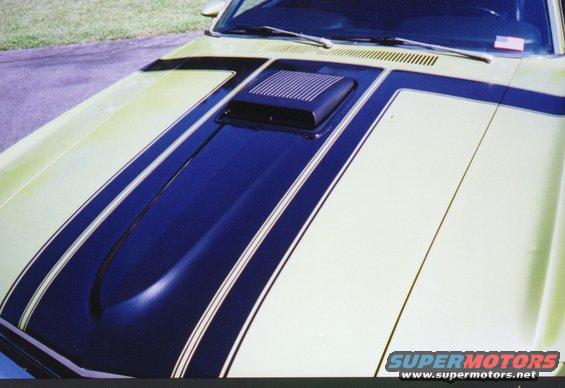 1970 Ford Mustang hood with black and gold racing stripes and a black scoop