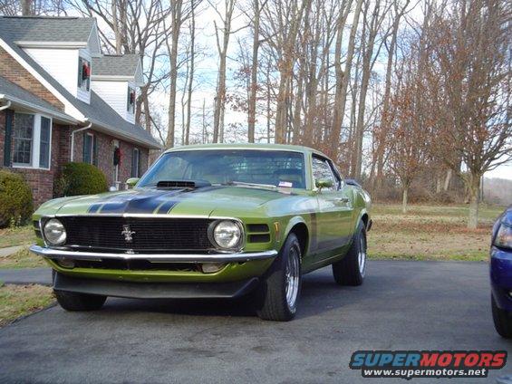 Green 1970 Ford Mustang with black racing stripes parked in driveway
