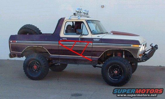 Modified Ford Bronco, lifted with large tires and off-road lights. Red lines highlight door structure