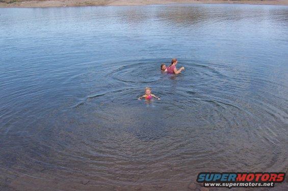 Three people swimming in shallow water near a shore