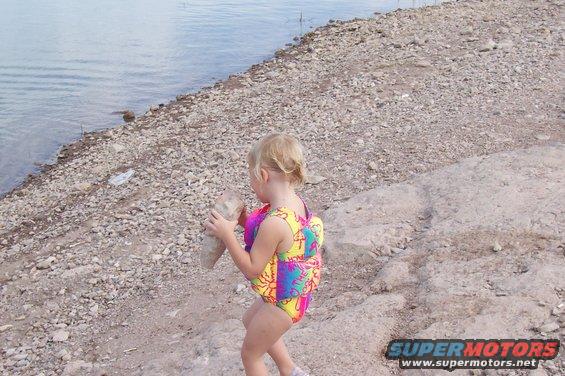 Child in colorful swimsuit and life vest holding a rock by a lake shore
