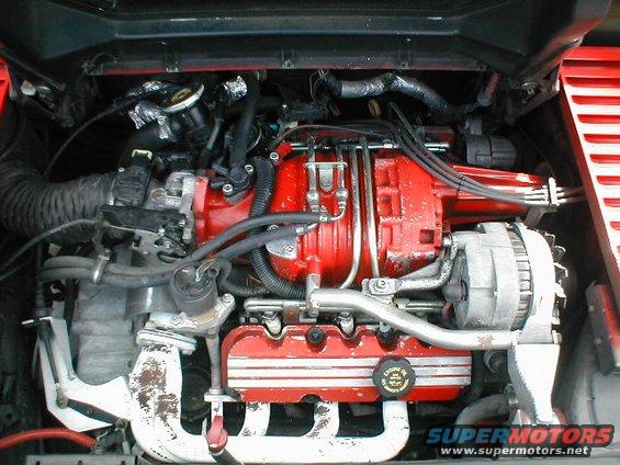 Engine bay with red intake manifold and valve covers. Alternator visible on the right