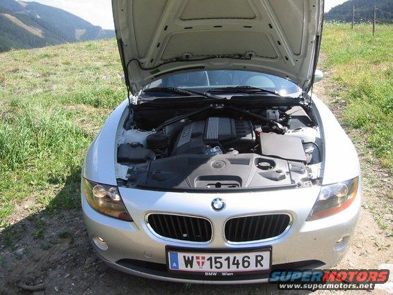 2003 BMW Z4 with hood open showing engine bay. License plate W W 15146 R