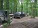 1988 Ford Bronco - Multiple off-road vehicles are parked in a wooded area, with one Bronco in the foreground.