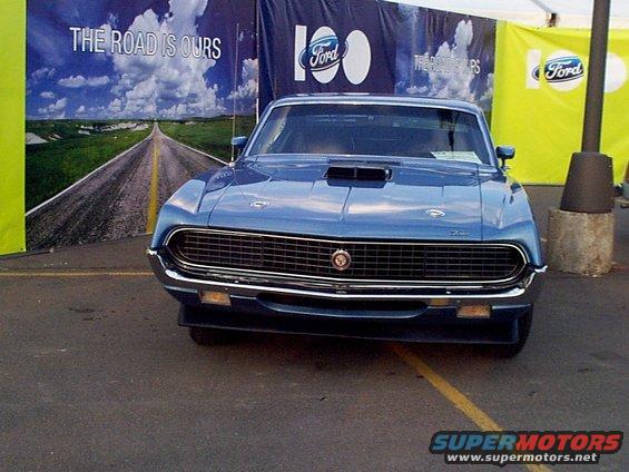 Blue 1970 Ford Torino front view with scoop on hood