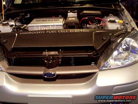 Silver Ford Focus engine bay with "HYDROGEN FUEL CELL ELECTRIC" text visible