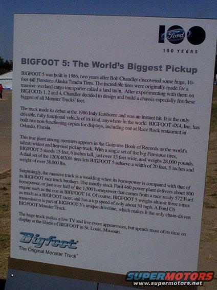 Sign detailing Bigfoot 5: The World's Biggest Pickup, including its history and specifications