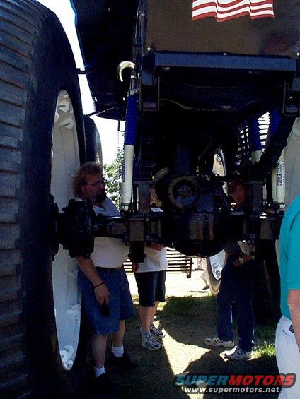 Undercarriage of a monster truck with large tires and suspension components