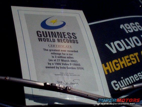 Guinness World Records certificate for 1966 Volvo P-1800S with 2 million miles