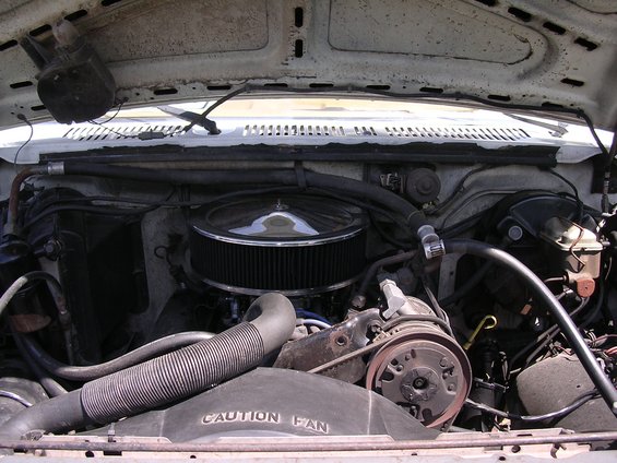 Engine bay with chrome air cleaner, visible AC compressor, and fan shroud with 'CAUTION FAN' text