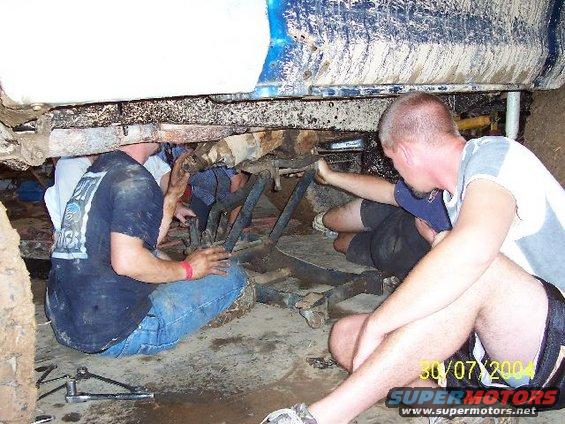 People working on the underside of a muddy vehicle
