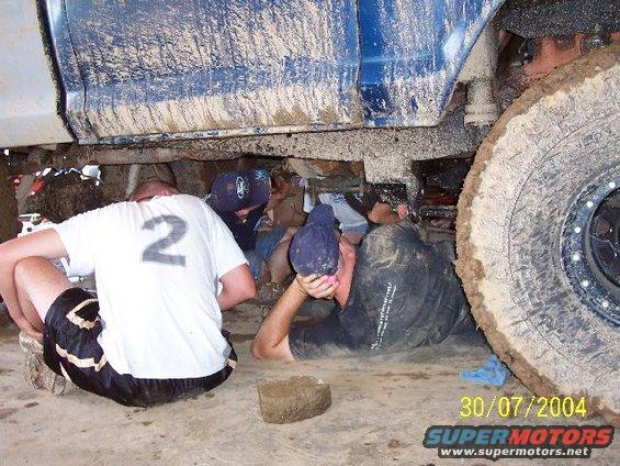 Several people are working underneath a very muddy blue vehicle, with a large tire visible on the right. Date stamp reads 30/07/2004