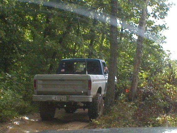 1979 Ford F-150 pickup truck, rear view, parked on dirt road with trees. License plate visible