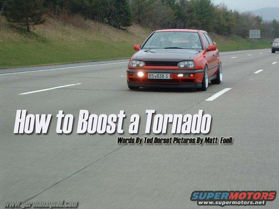 Red hatchback with aftermarket wheels and hood bra driving on a highway. Text overlay reads 'How to Boost a Tornado'