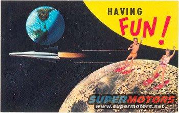 Illustration of children surfing on the moon with a rocket and Earth in the background, text reads "HAVING FUN!" and "SUPER MOTORS"