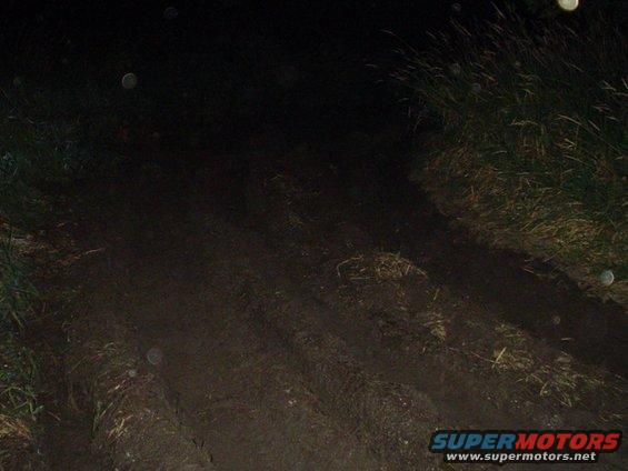 Muddy track through grass at night with Supermotors.net watermark
