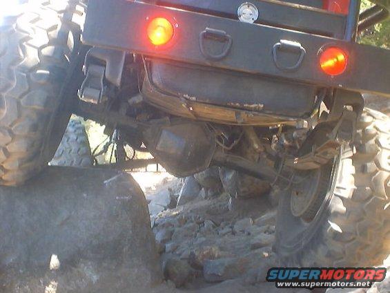 rear axle and large tires of a truck on rocks
