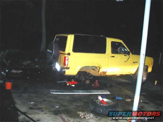 truck1.jpg Working on rear suspention.  This is her almost stripped down and ready for explorer springs and Belltech 6400 shackles.  Should add almost 3 inches to the rear from the stock height.  This was a must cause of broken shackles, old shocks, and droopy springs.