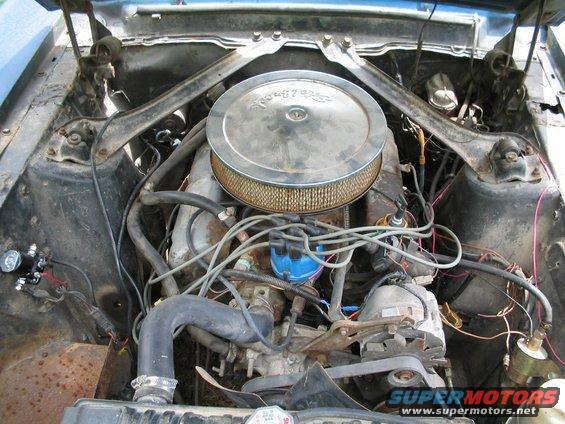 1967 Ford Mustang engine bay with chrome air cleaner and blue distributor cap