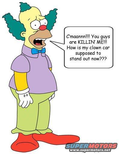 Krusty the Clown character from The Simpsons with a speech bubble asking how his clown car is supposed to stand out