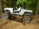 1990 Ford Bronco - A heavily modified off-road vehicle navigates a challenging dirt path surrounded by trees.