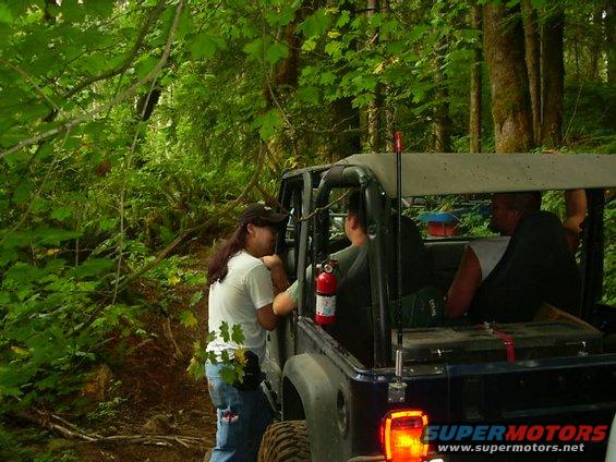 Rear view of a dark Jeep Wrangler with people inside, parked on a wooded trail