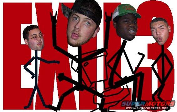 Four stick figures with faces of different people on them, in front of a large red 'EMG' graphic. One person wears a black hat, another a green and white cap