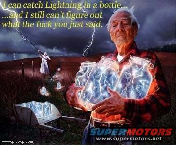 Old man holding three jars filled with glowing lightning bolts. Another person is in the background with a fishing rod