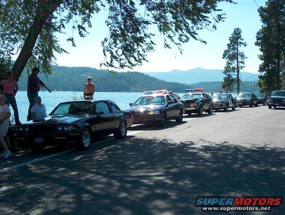 Black coupe parked by a lake, followed by a line of police cars