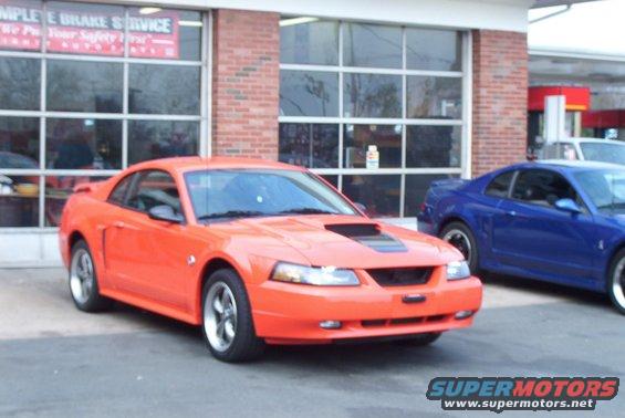 Orange 2004 Ford Mustang parked outside a garage, with a blue Mustang behind it