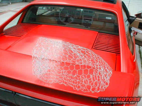 red 1986 Pontiac Fiero with chicken wire on the rear decklid