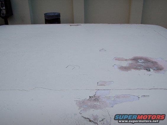 Close-up of a white vehicle roof with peeling paint and rust spots. A trash can and part of a black object are visible in the background
