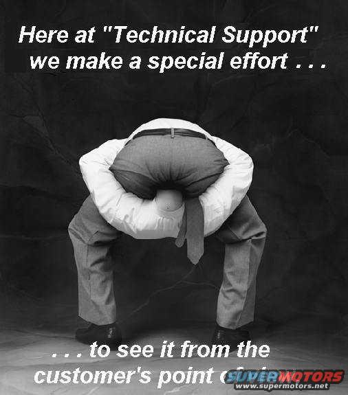 Man in shirt and pants bent over with head between legs, text reads 'Here at "Technical Support" we make a special effort . . . ... to see it from the customer's point'
