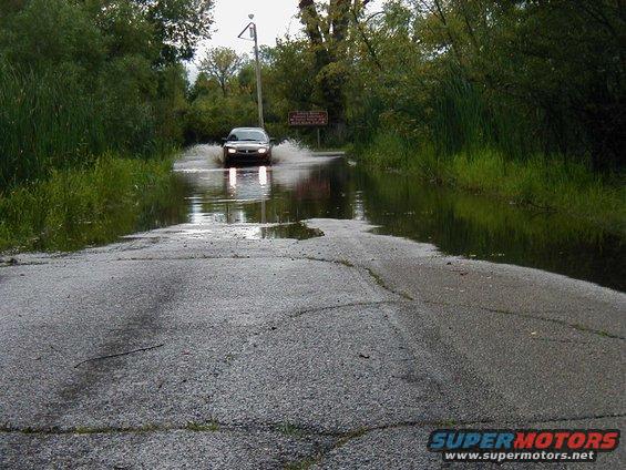 Car driving through floodwaters on a cracked asphalt road surrounded by grass and trees