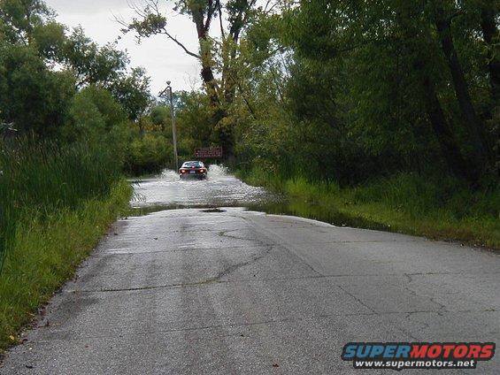 Car driving through floodwater on a rural road