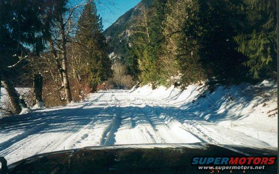 Driving on a snowy road through a forest with mountains in the background