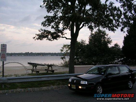 black hatchback parked by a lake, tree overhead