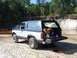 1982 Ford Bronco - A dog stands in the open tailgate of a Ford Bronco II parked by a body of water.