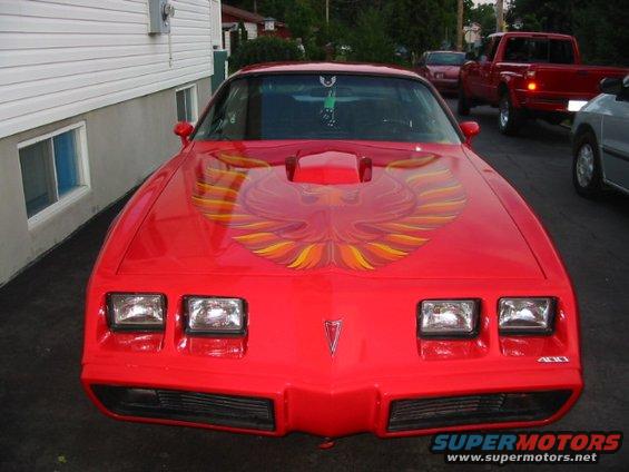 Red 1981 Pontiac Firebird Trans Am front view with hood decal and scoop