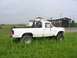 1985 Ford Bronco - This white pickup truck, likely from the early 1980s, is parked in a grassy field with a "A VENDRE" sign in the window.