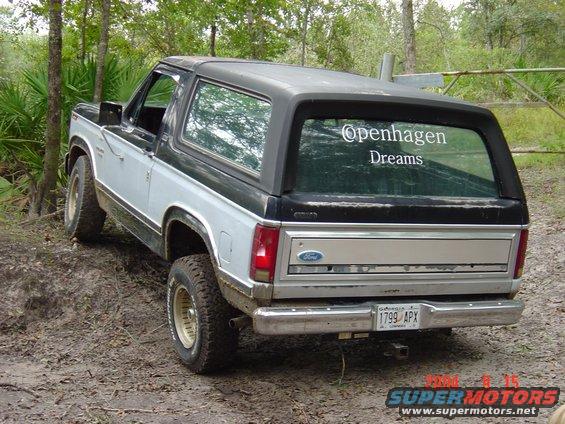 1982 Ford Bronco rear view, off-road, with 'Openhagen Dreams' sticker on rear window