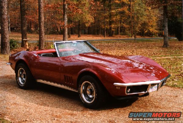 Red convertible sports car parked on gravel with autumn trees in background. Front fender and grille visible