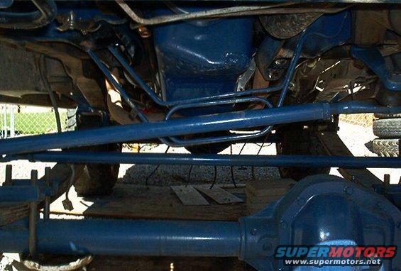 Underside view of a vehicle's blue-painted drivetrain and suspension components, with some tires visible