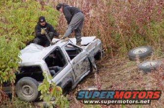 post1068893cnv0417.jpg Team 2 - Kurt (CJ), Curtis (XJ), Dan (dodge thing), Garreth (TJ)

This was their Bronco II it was farther up the trail. It needed tires and was rolled as well.