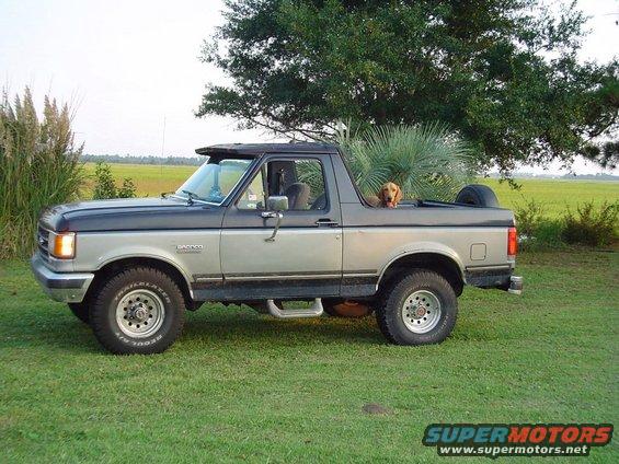 Side view of a two-tone 1989 Ford Bronco with a dog in the back