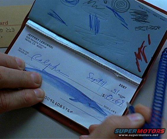 Checkbook open to a check with 'Jeffrey Lebowski' and address, signed 'Ralph'. Drawings are on the opposite page