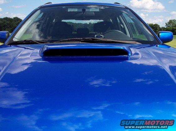 Blue 2004 Subaru Impreza WRX hood scoop and windshield