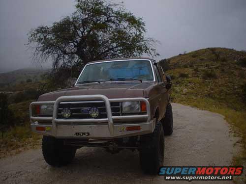 Brown Ford truck with brush guard and auxiliary lights